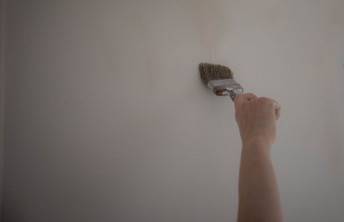 Applying white anti-mold protective paint to a wall surface with a brush.