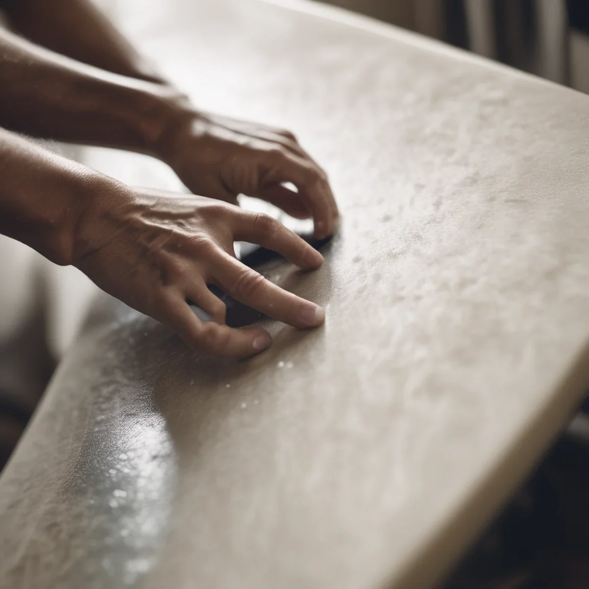 A hand rubbing a bar of wax onto a surfboard deck